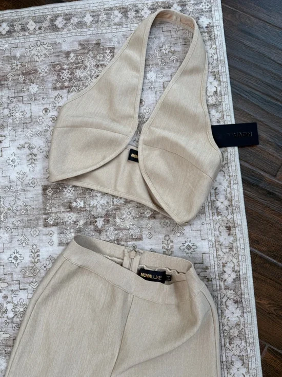 Fashion nova Beige Ribbed Knit Halter Top & Pants Set - Picture 2 of 4